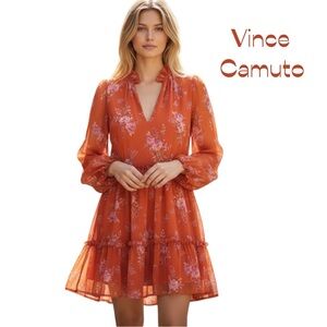 Vince Camuto Sheer Orange Floral Ruffled Dress Size L
